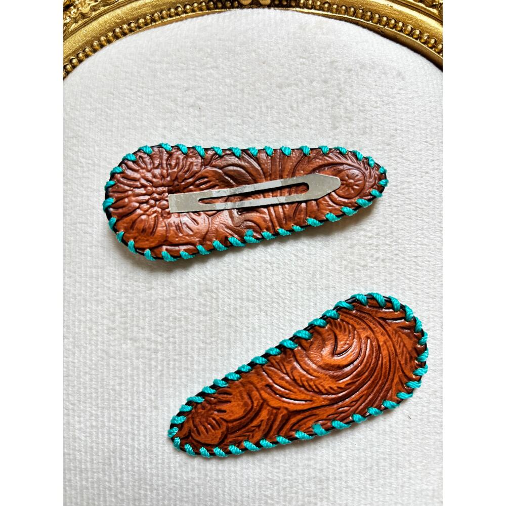 Western Tooled Leather Hair Clips Brown Turquoise Stitch Boho Cowgirl Barrette - Picture 2 of 2